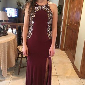 Maroon Beaded Prom Dress - Size 7 (fits tighter)